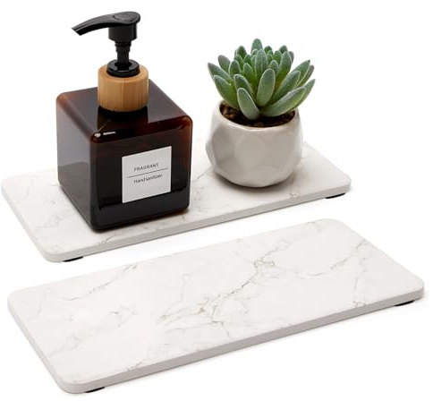 2 Pcs Water Absorbing Stone Drying Trays for Bathroom Sink Kitchen Counter Soap Dish Dispenser Sponge Holder White Ceramic Bathroom Vanity Quick Dry Stone Mat for Kitchen Sink Marble Diatomite Tray