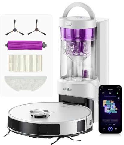 Eureka E20 Plus Saug- & Wischroboter + beutelloser Multi-Zyklon Absaugstation (Duo-KI-3D-Hindernisvermeidung & Night Vison, 8000Pa, bis zu 300m2, Anti-Haarverhedderung, App- & Sprachsteuerung) weiß