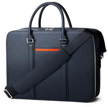 Maverick & Co. Manhattan Double-Zip Genuine Saffiano Leather Briefcase for Men - Scratch-Resistant Business Laptop Bag, Fits 16 Laptop (Navy-Tiger Orange)