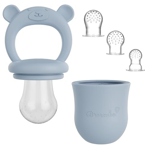 Baby Fruchtsauger & 3 Schnuller - Blauer 100% Silikon Nahrungsschnuller mit Beißring, Fruchtschnuller für Obst, Gemüse & Babynahrung, BPA-frei - Broemba®