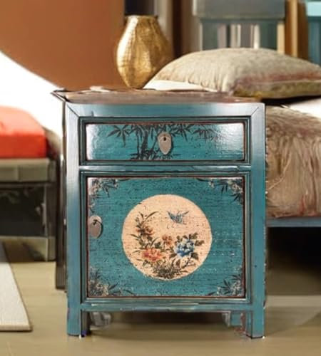 OPIUM OUTLET Bedside Table Bedside Cabinet Bedside Cabinet Asian Oriental Chinese Vintage Shabby Chic Delivered Fully Assembled (Blue/Turquoise)
