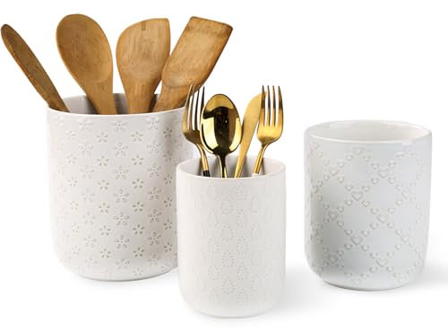 ARRADENS Portautensili da cucina, porta utensili da cucina in rilievo, in ceramica bianca, per piano di lavoro, grande organizer per spatola, cucchiaio, forchetta, bacchette, set di 3