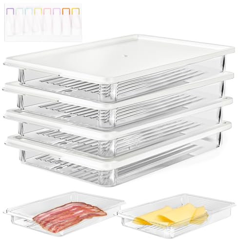 CASDUCT Kühlschrank Organizer, Stapelbare Frischhaltedosen Mit Deckel 4er Set, PET-Kunststof Aufschnittboxen Für Kühlschrank, Vorratsdosen Mit Etiketten Aufkleber, Aufbewahrung von Gemüse, Nüssen usw