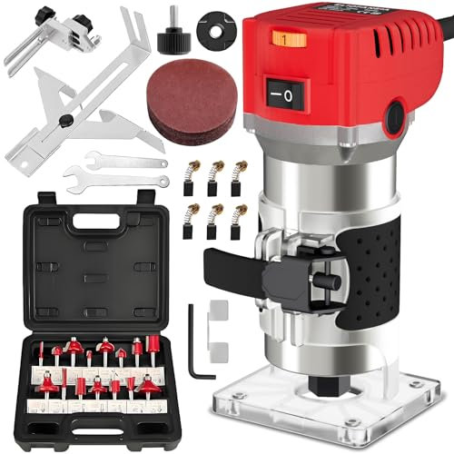 ELIOFANEIA Oberfräse 800W,6 Variable Geschwindigkeiten,6.35mm Elektrischer Holzschneider Holz Trimmer mit 15 Stück 1/4 Fräser, Kantenfräse 30000U/min