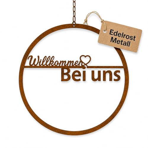 Der-Porzellan-Laden Willkommensschild Hochzeit, rundes Metallschild Edelrost mit Herz und Schriftzug 'Willkommen bei uns', wetterfest für Haustür, Garten & Eingang, mit Kette, 30 cm Durchmesser
