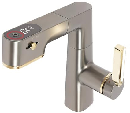 Wasserhahn Bad mit ausziehbar Brause, Waschtischarmatur aus Messing Einhebelmischer Badarmatur Waschbecken Mischbatterie Armatur für Badezimmer (Grau+Gold)