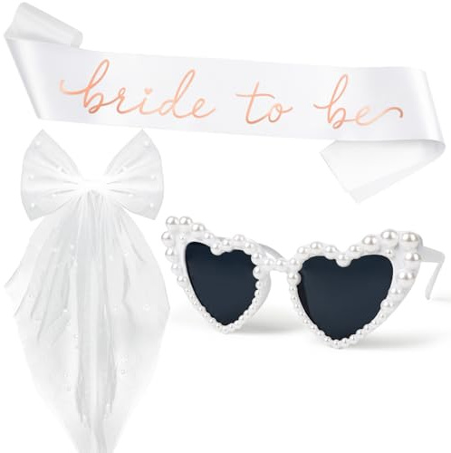 COLOFALLA JGA Accessoires Frauen Set Junggesellenabschied Set Weiß Frauen Braut Partydeko Bride To Be Schärpe Herz Brille Schleife Schleier Bride To Be Deko für Hochzeit