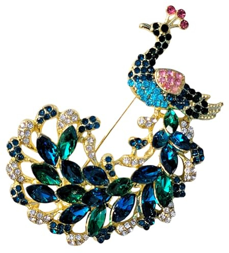 GFM® Pfau Brosche groß mit Kristall und Strass - Weihnachten, Geburtstag, Muttertag, Valentinstag, Hochzeitstag, Large, Metall