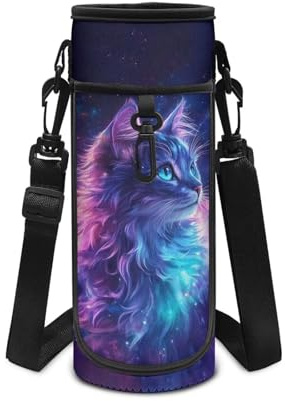 Showudesigns Galaxy Cat Water Bottle Carrier Girls Boys Water Bottle Holder Bag with Strap Sling Neoprene Sleeve Pouch for Steel/Glass/Plastic Bottles Sports Accessories