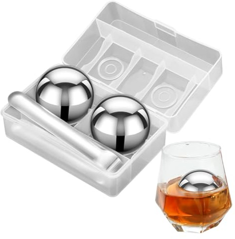 55 mm Stainless Steel Ice Ball Set with Storage Box, 2PCS Metal Ice Cubes for Drinks, Large Round Whiskey Chilling Stones, Reusable Stainless Steel Freezing Ball for Whiskey Cocktail Beer