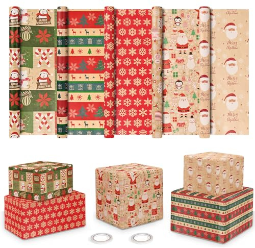 HAMOHTE Geschenkpapier Weihnachten 5 Rollen, 43cm x 300cm Weihnachtsgeschenkpapier Recycelbares, Nature Kraftpapier Weihnachtspapier, Weihnachts Geschenk Papier Kinder Geschenkverpackung für Xmas