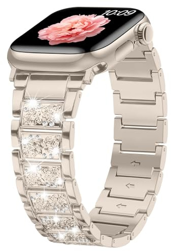 Sixmoat Bling Diamant Metallarmband kompatibel mit Apple Watch Armband für Damen 38mm 40mm 41mm 42mm(Serie 10/11), Elegantes Muster Ersatzarmband für iWatch SE Serie 11 10 9 8 7 6 5 4 3 (Polarstern) | Dressy Ersatzarmband mit Diamantmuster für iWatch Damen-Serie 11, 10, 9, 8, 7, 6, 5, 4, 3, SE (Starlight)