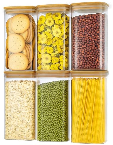 SUNNYNEST 6Pack 1600ml Glass Storage Jars with Airtight Lids Food Container | 6pcs glass storage jars with airtight lids, clear containers for spaghetti, pasta, cereal, rice dry food kitchen organizer