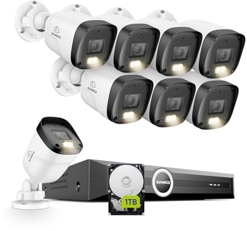 SANNCE Kit Camaras de Vigilancia PoE, 5MP Nvr 8ch 2K/3MP 8 Cámaras IP PoE Exterior/Interior con Leds IR Inteligentes, Detección de Movimiento, Visión Nocturna en Color de 65 Pies, Disco Duro de 1TB