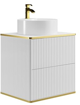 Vente-unique-Mueble de baÒo suspendido Estriado con Ribete Dorado y Lavabo Redondo sobre encimera - Blanco - L60 cm - KELIZA