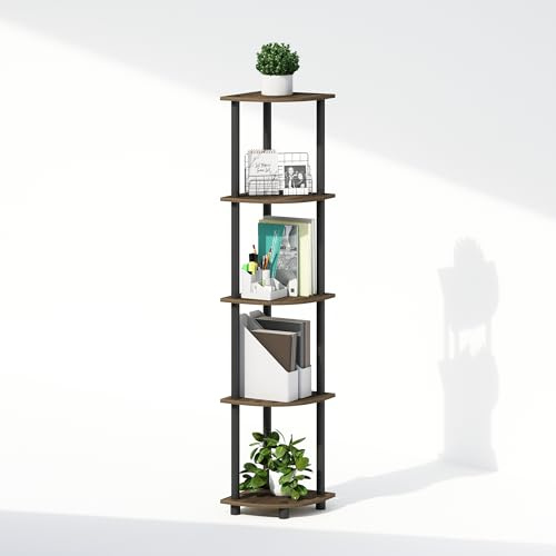 Furinno Turn-N-Tube Storage Shelves, 5-Tier Book Shelf, Corner Shelf with Open Shelves, Toollesss Assembly, for Organization and Storage, Living Room, Home Office, Hallway, Bedroom, Brown Walnut