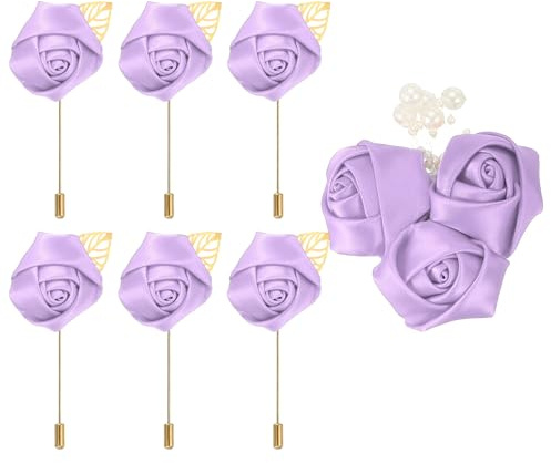 QUARKZMAN 7 stycken blommor broscher ljuslila, bandrosor sidenmaterial, högkvalitativa broscher för kläder, lång nålform & nålstil nålblomma