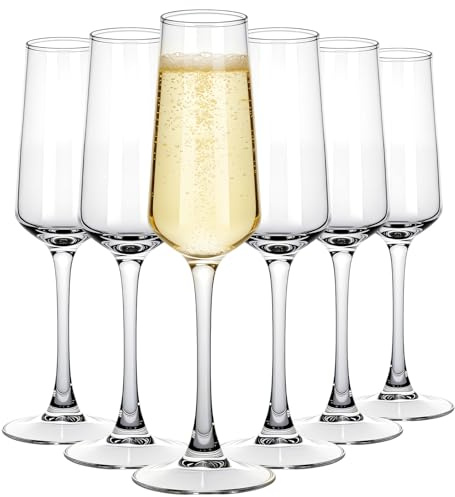 Lot de 6 flûtes à champagne de 235 ml, verres à vin pétillants élégants, modernes, parfaits pour la maison, les bars, les mariages, les anniversaires de mariage, les flûtes à champagne transparentes