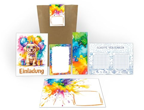 6 Einladungskarten zum Kindergeburtstag Mädchen Jungen Kinder Tiere Hund Einladungen Geburtstag incl. 6 Umschläge, 6 Tüten / natur, 6 Aufkleber, 6 Lesezeichen, 6 Blöcke, 6 Schiffe versenken