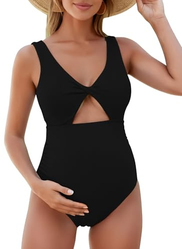 FEOYA Bañador de Maternidad de Una Pieza Traje de Baño Premamá con Escote en V Ropa de Natación Embarazada para Playa Piscina y Sesiones de Fotos, Tallas S-XL