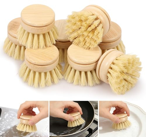 8Pcs Replacement Brush Heads for Bamboo Dish Brush Sisal Bristle Refills Kitchen Scrubber Heads for Pots Dishes Cleanings