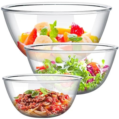 JTKDG Large Glass Mixing Bowls Set of 3, Kitchen Salad Bowls, 1L/2.5L/4.2L | Kitchen Salad Bowls, Space-Saving Nesting Bowls, Round Glass Serving Bowls for Cooking Baking Prepping, Dishwasher Safe