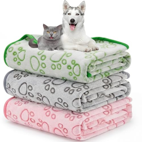 Puppy Blanket, Cat Blankets for Indoor Cats Washable, 3 Pack (60 x 40 cm) | Soft, Fluffy & Warm Kitten Blanket for Sofa, Bed & Crate, Mixed Colours (Green, Pink & Grey)
