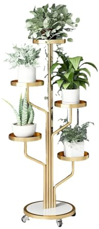 exproyzk Portapiante in Metallo da Interno, Supporto Angolare Alto A 3/5 Livelli con Ruote, Carrello Portafiori per Patio, Giardino, Balcone E Soggiorno(Gold)