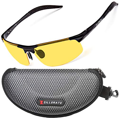ZILLERATE Night Driving Glasses for Men & Women - Anti-Glare Night Vision Glasses for Driving, Polarised Lenses Filter Dazzling Glare from Headlights, Yellow Tinted Lens, Light Metal Frame