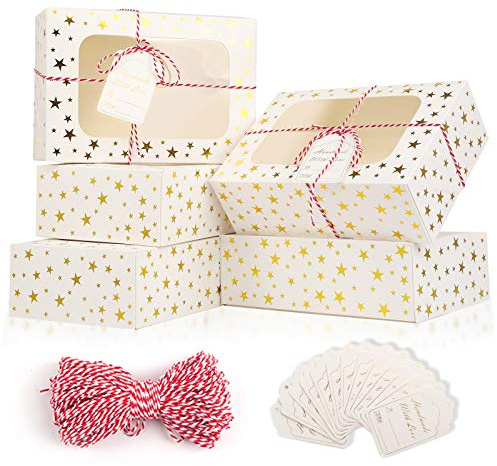 CHOUNYEE 24 PCS Christmas Cookie Boxes for Gift Giving, 9x6x3 Golden Star Christmas Treat Boxes with Window, Auto-Up Holiday Cookie Boxes,Baking Goods Packaging Box for Desserts, Mini Cake, Donuts