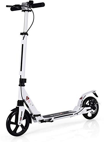 GOPLUS Kickscooter für Kinder und Erwachsene, Höhenverstellbarer Cityroller, Klappbarer Tretroller, mit Federung, bis 100 kg Belastbar, mit Klingel & Ständer, mit Bremse, inkl. Tragegurtel (Weiß)