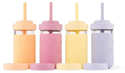 Elk and Friends Kids + Toddler Glass Cups | The Original 12oz Glass Mason Jar with Sleeves + Lids | Silicone Straws + Stopper | Smoothie Cup | Food Storage | Spill Resistant | Dishwasher Safe | 4 Pack