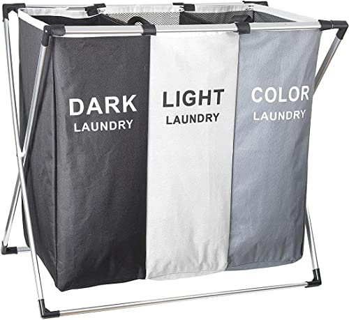 CNFQ Cesta de lavandería plegable grande con 3 compartimentos con asa para baño, dormitorio (con red de cordón)