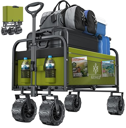 KESSER® Carro Plegable con Ruedas Anchas | Transporte de Mano | 2 Bolsas de Red y Lateral | Plegable | Neumáticos de Goma Maciza | Carrito Jardín Khaki