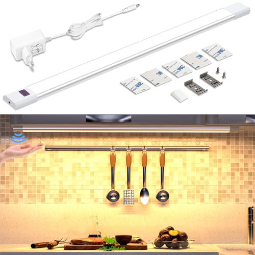WOBANE Luce Sottopensile Cucina, Barra Led Cucina con Sensore Senza Contatto Dimmerabile, 60 cm Lampada Sottopensile con Presa 12 V per Sotto Mensola, Scaffali, Bianco Caldo 2700K