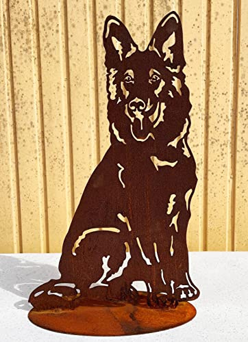 Schäferhund sitzend auf Platte Edelrost Gartendeko Rost Metall Rostfigur Hunde Tier Dekofigur Gartendekoration von Steinfigurenwelt (50x30cm)