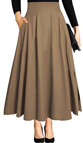 Damen High Waist Maxirock Taschen mit Seitenschlitz Langer A-Linie Rock