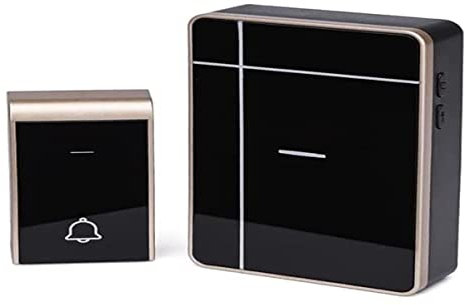 Timbre inalámbrico, conexión por batería, color negro y dorado, ideal para uso en hogares y oficinas para facilitar la comunicación.
