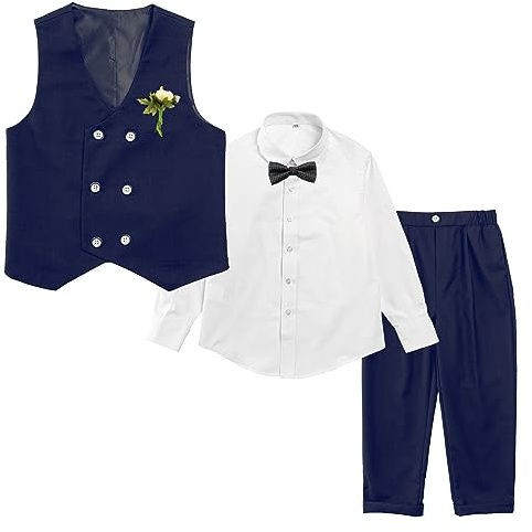 LOLANTA Costume Formel 4 pièces pour garçon, Ensemble de Gilet à Double Boutonnage, vêtements de fête d'anniversaire de Mariage pour Enfants, Bleu Marine, 100