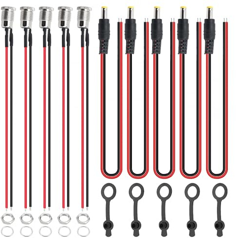 YIXISI 5.5 x 2.1 mm DC Mount Adapter Set, 5 Stücke DC-099 DC Power Jack Socket mit Kabel, 5 Stücke DC Stecker Pigtail Kabel, mit Wasserdichter Abdeckkappe, für Audio Video Handy Überwachungskameras
