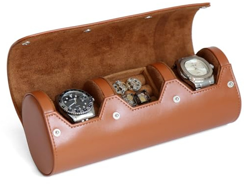 Bonaking PU Leather Watch and Cufflink Travel Case - 2 Watch and Cufflink Organizer Set, Portable Storage Box for Men Gift