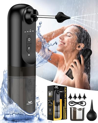 Hommie Ear Wax Removal Kit Electric Ear Syringe Cleaner Wax Remover Irrigation System With 4 Pressure Modes & 4 Reusable Nozzles IPX7 Waterproof for Shower Use With Basin