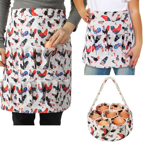 Newtay 3 Pcs Egg Collecting Apron and Gathering Basket Adult 12 Pockets and Child 3 Pockets for Chicken Goose Eggs(Cute)
