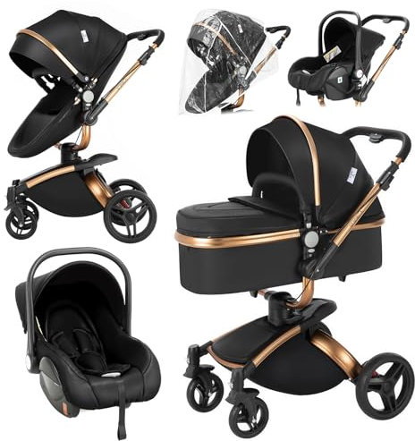 NADDLILY PU-Leder Kinderwagen 3 in 1, Buggy mit Verstellbarem Sitz 360° Drehbar, Kinderwagen Faltbarem Tragbarem One-Click-Design, Kinderwagens 3 in 1 Komplettset Zubehör Hohe Landschaft (906 Black)
