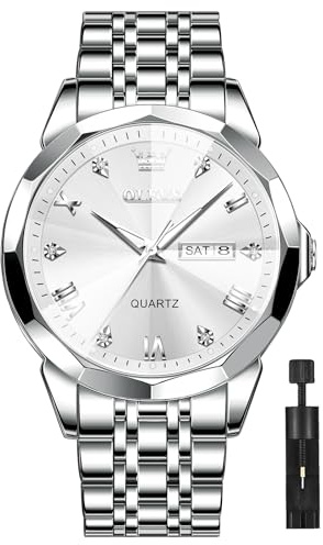 OLEVS Silber Uhr Herren Edelstahl Wasserdicht Mode Metall Herren Armbanduhr Lässig Marke Männer Weiß Großes Zifferblatt Leuchtende Uhr Analog Geschenke Uhr für Herren mit Datum Herrenuhren Günstig