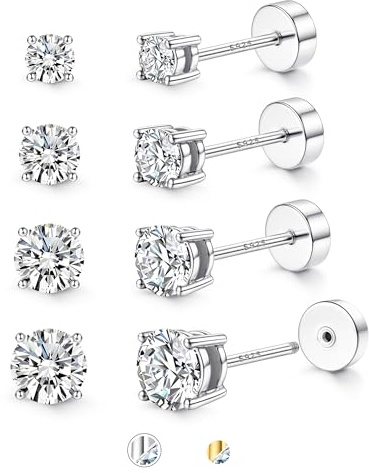 JeweBella 4 par 925 sterling silver stiftörhängen för kvinnor män allergivänliga örhängen med platt rygg sterlingsilver små kulprickar kubisk zirkonia-örhängen dubbar vitt guld/14K guldpläterade