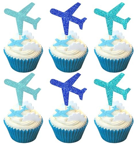 Rsstarxi 24 Pack Airplane Cupcake Toppers Travel Themed Party Cake Decorations Plane Cupcake Picks Decorations for Baby Shower Birthday Airplane Party Decorations