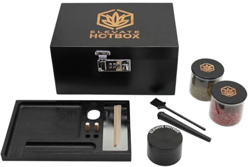 ELEVATE HOTBOX® Stash Box aus Bambusholz mit Zahlenschloss | 4-teiliger Premium Grinder aus Metall mit Rolling Tray Set, Paper Spender und zwei geruchsdichte Glasbehälter