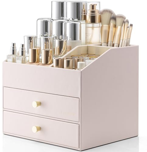 Vlando Makeup and Skincare Organizer with 2 Drawers for Lipstick, Jewelry Storage in Pink