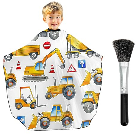 Shimmerz Kinder Haarschnitt Umhang und Hals Staubpinsel Bürsten Set mit Baustellen Muster Kinder Friseurumhang 80 * 130cm für Jungen und Mädchen Salon Set